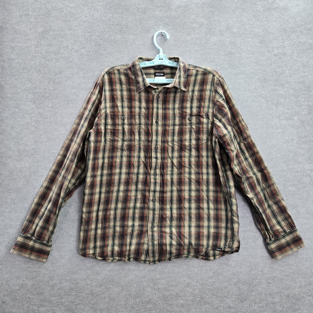 Prana Men Button Up Shirt M Beige Plaid Flannel Casual Long Sleeve